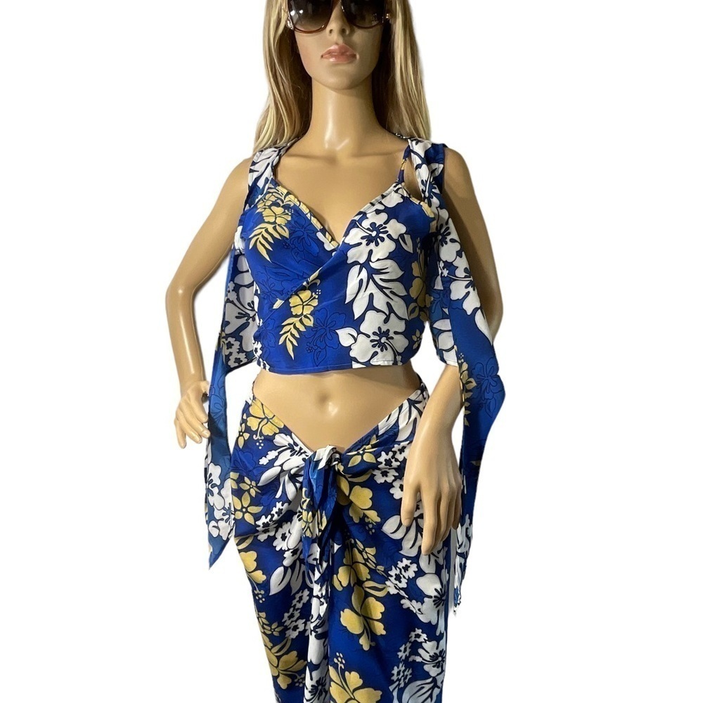 Hawaiian 3 Piece Set Pants Bra Top‎ Floral Wrap Blue White Size 12 Vintage